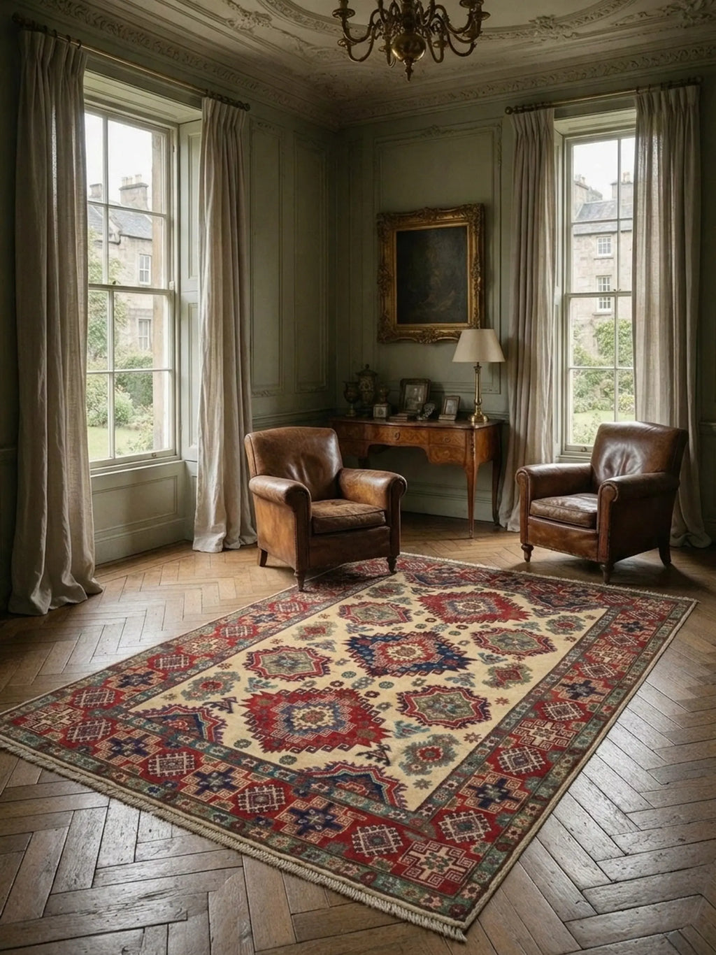 Hand-Knotted Kazak Wool Rug, Ivory Field, Geometric Medallions