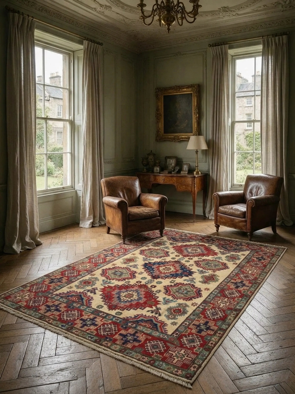 Hand-Knotted Kazak Wool Rug, Ivory Field, Geometric Medallions
