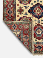 Hand-Knotted Kazak Wool Rug, Ivory Field, Geometric Medallions