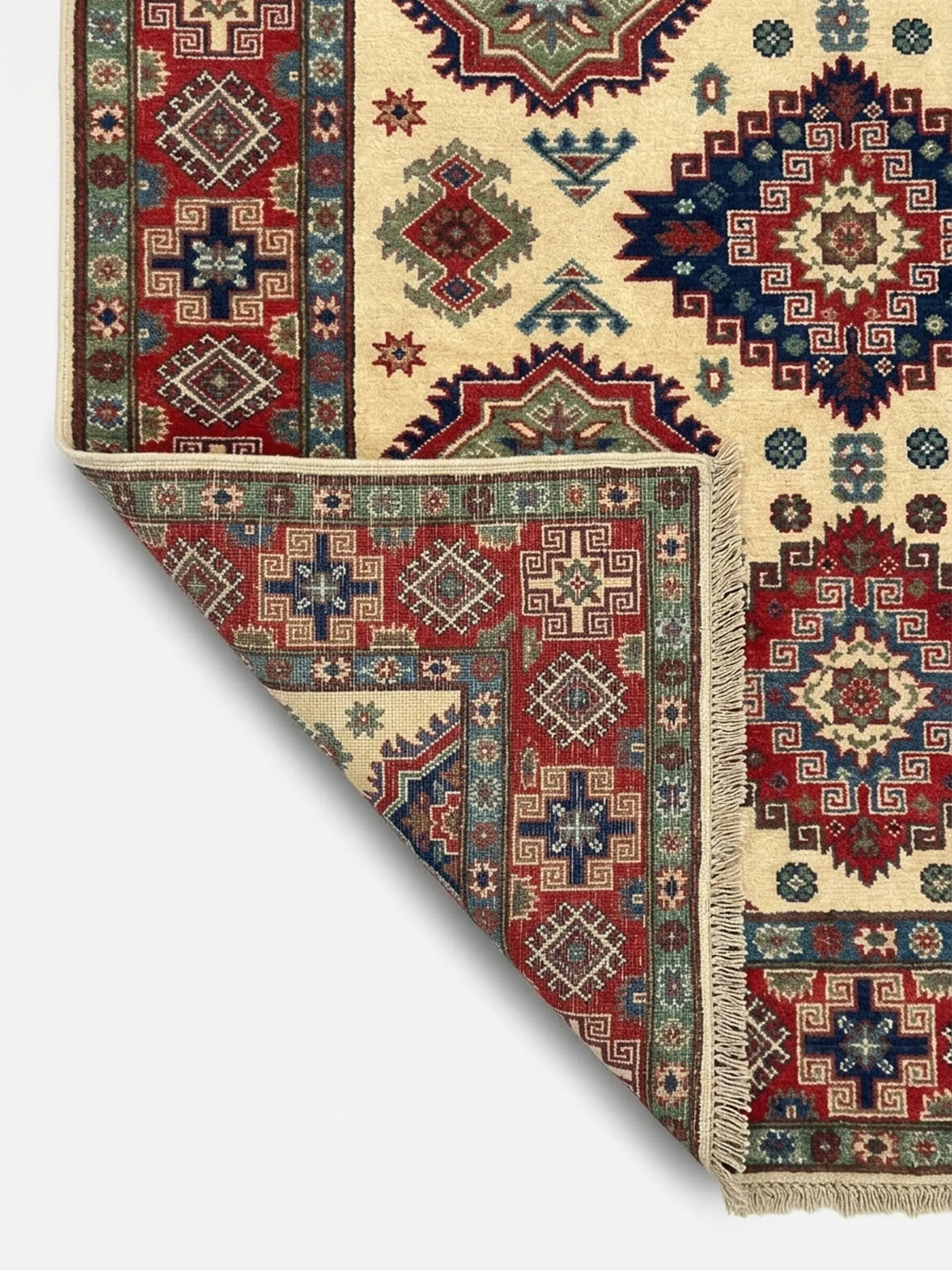 Hand-Knotted Kazak Wool Rug, Ivory Field, Geometric Medallions
