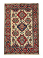 Hand-Knotted Kazak Wool Rug, Ivory Field, Geometric Medallions