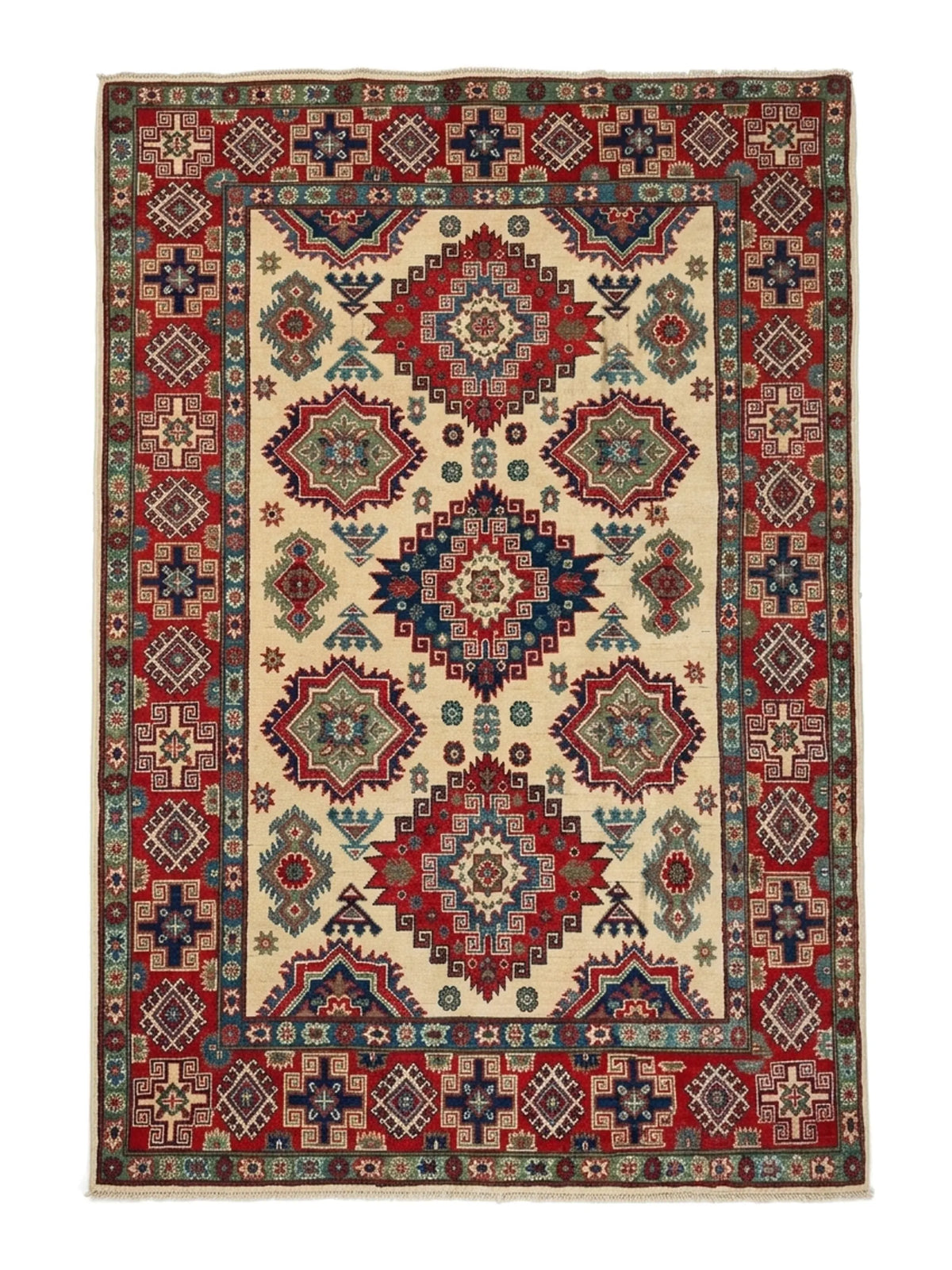 Hand-Knotted Kazak Wool Rug, Ivory Field, Geometric Medallions
