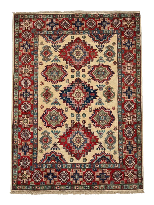 Hand-Knotted Kazak Wool Rug, Ivory Field, Geometric Medallions