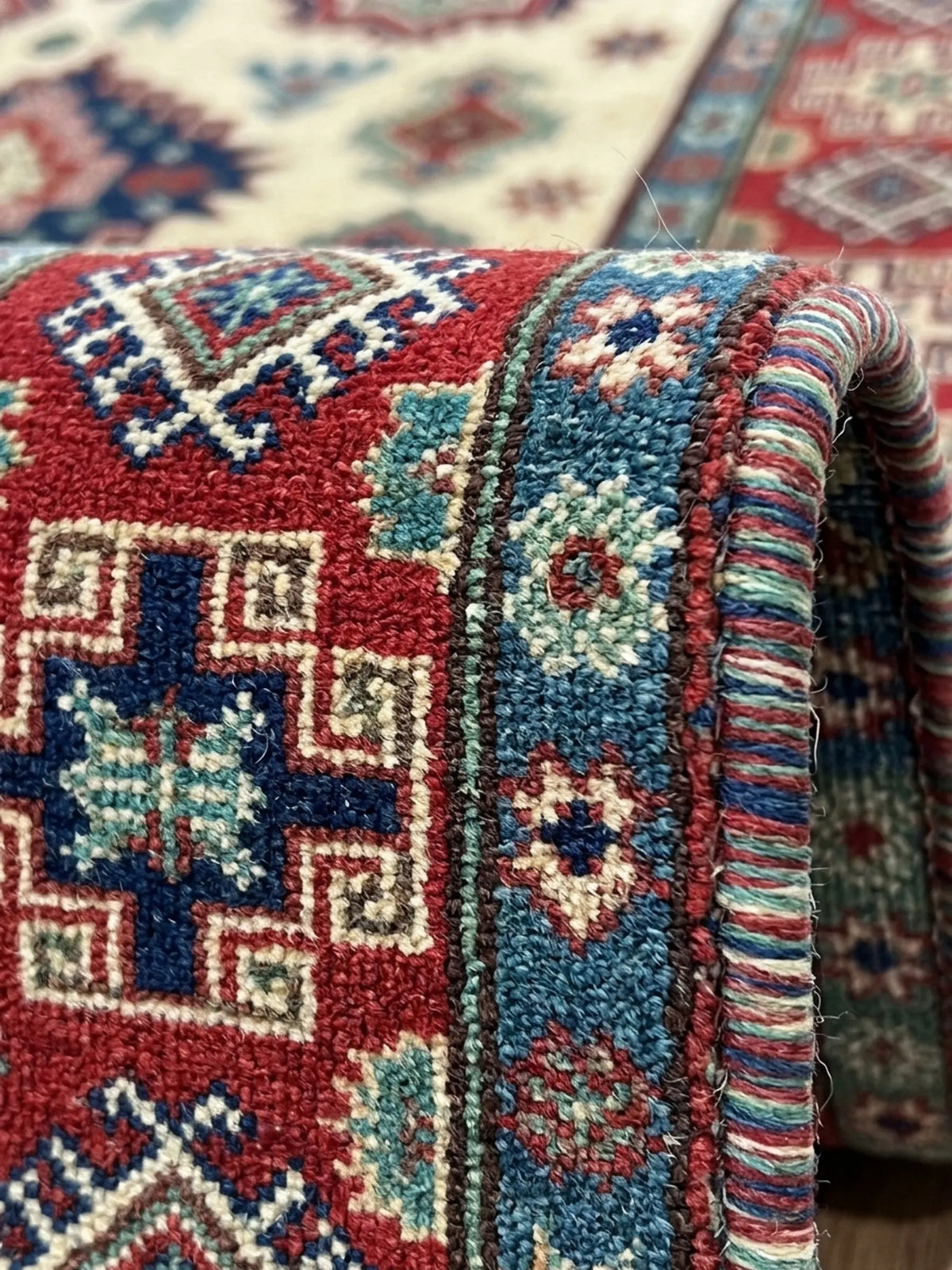 Hand-Knotted Kazak Wool Rug, Ivory Field, Geometric Medallions