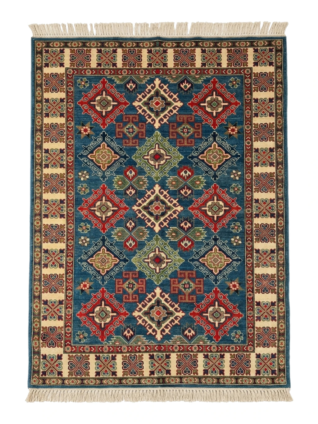 Hand-Knotted Kazak Wool Rug, Blue Field, Geometric Diamonds