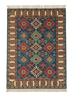 Hand-Knotted Kazak Wool Rug, Blue Field, Geometric Diamonds