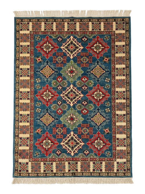 Hand-Knotted Kazak Wool Rug, Blue Field, Geometric Diamonds
