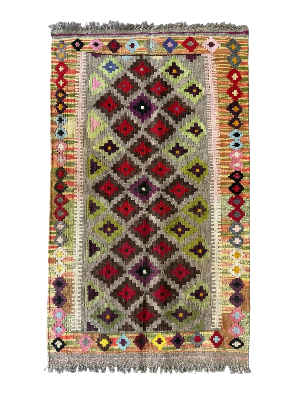 Vintage Afghan Wool Kilim, Colorful Diamond Field, 1950 to 1960