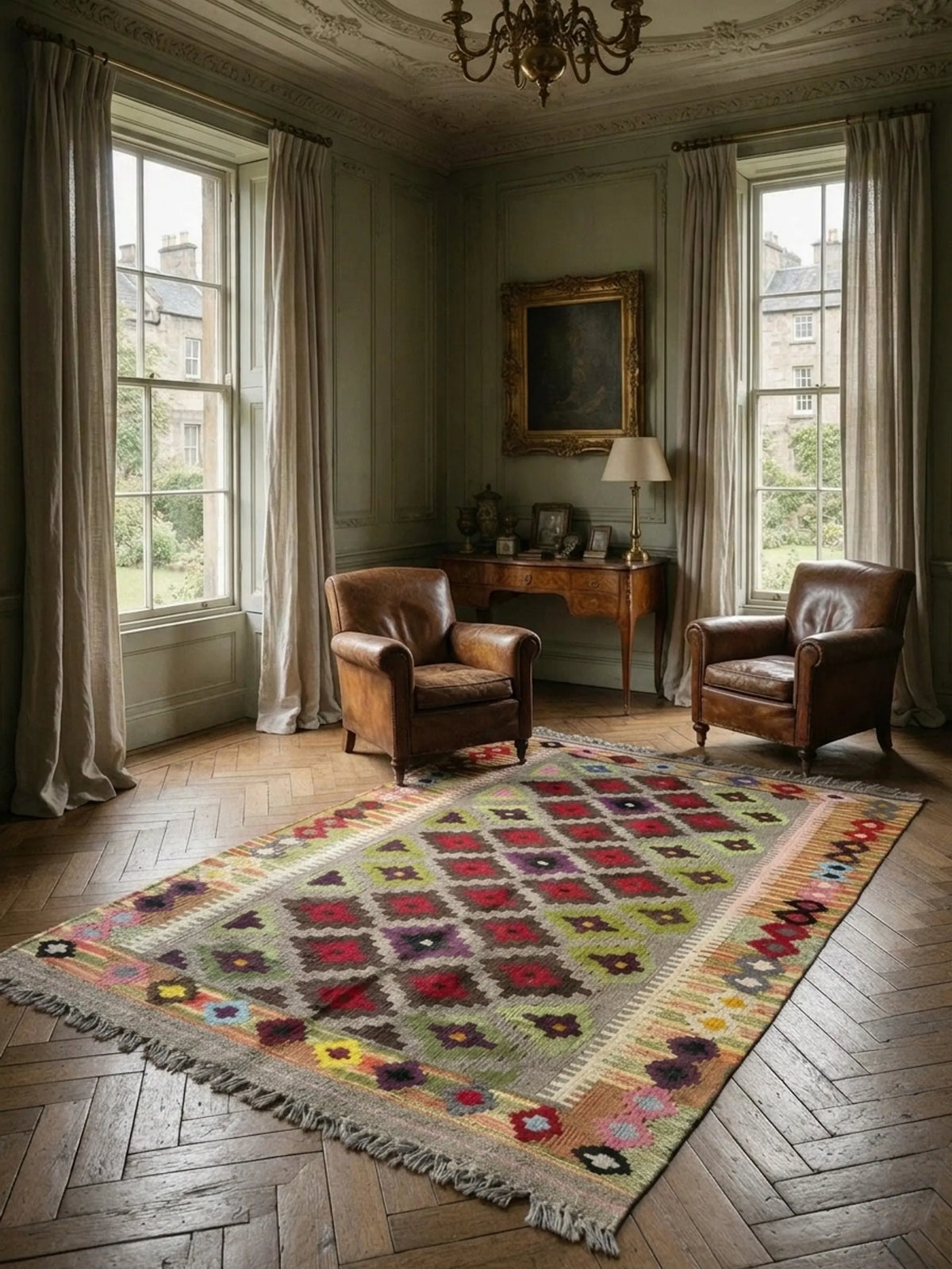 Vintage Afghan Wool Kilim, Colorful Diamond Field, 1950 to 1960