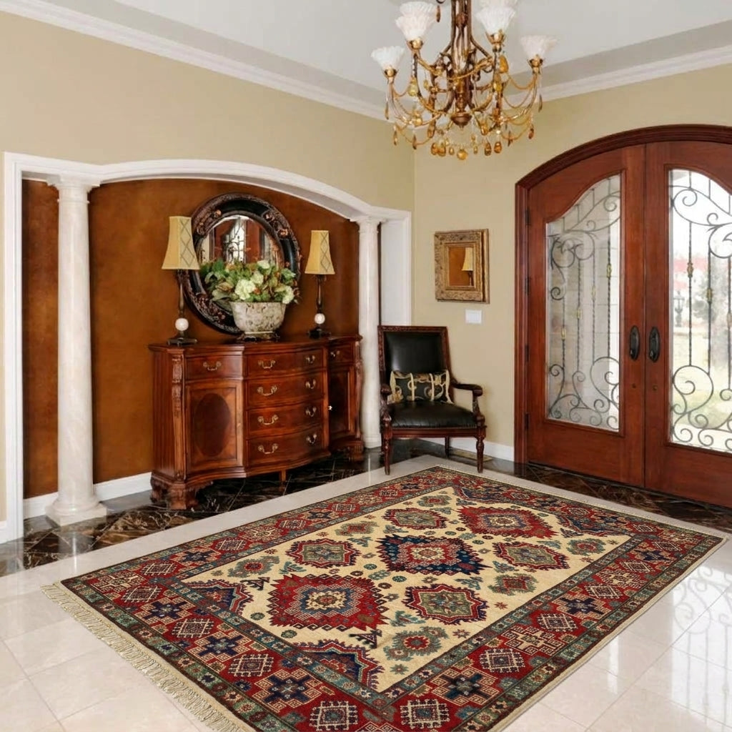 Hand-Knotted Kazak Wool Rug, Ivory Field, Geometric Medallions