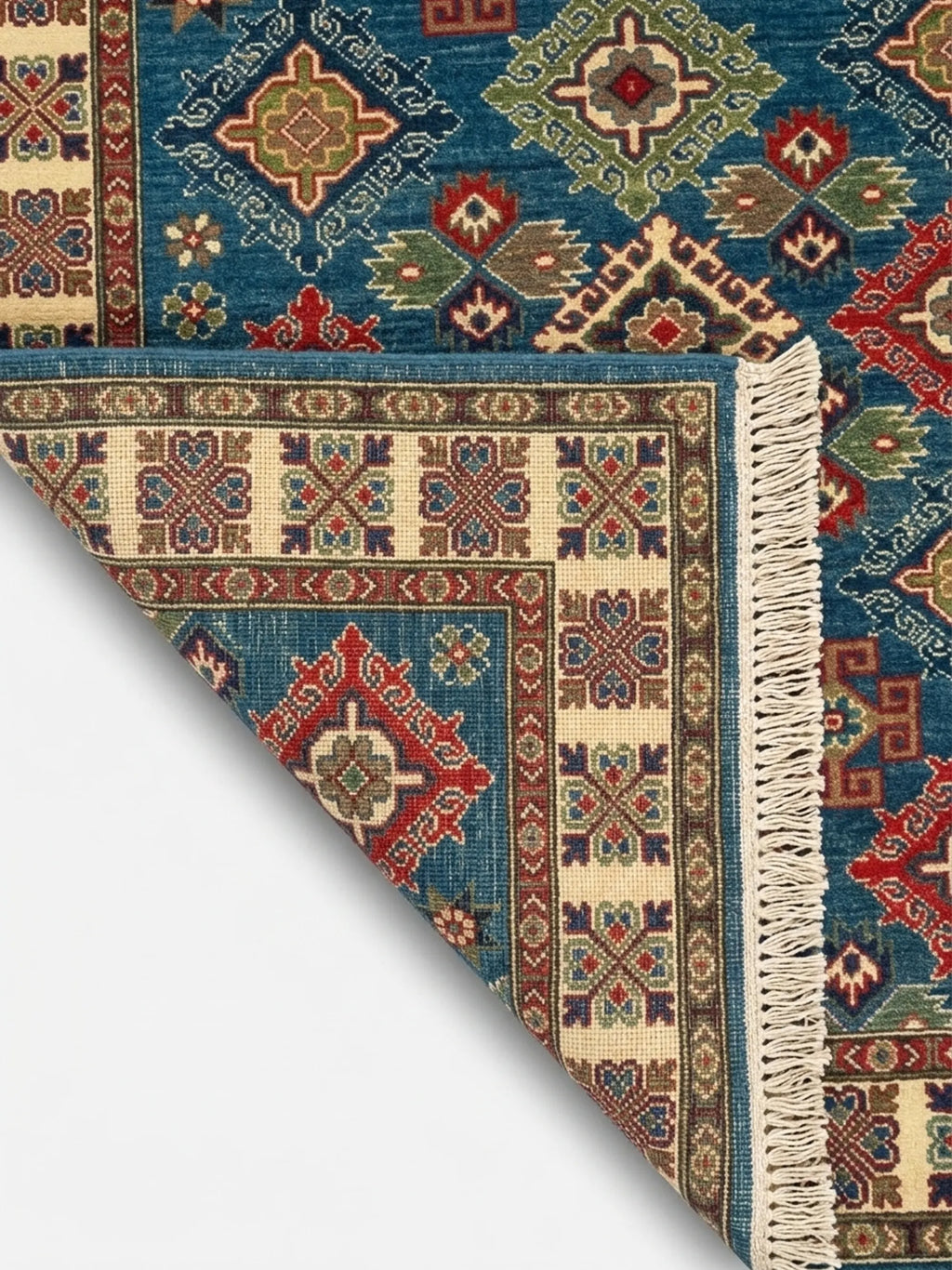 Hand-Knotted Kazak Wool Rug, Blue Field, Geometric Diamonds