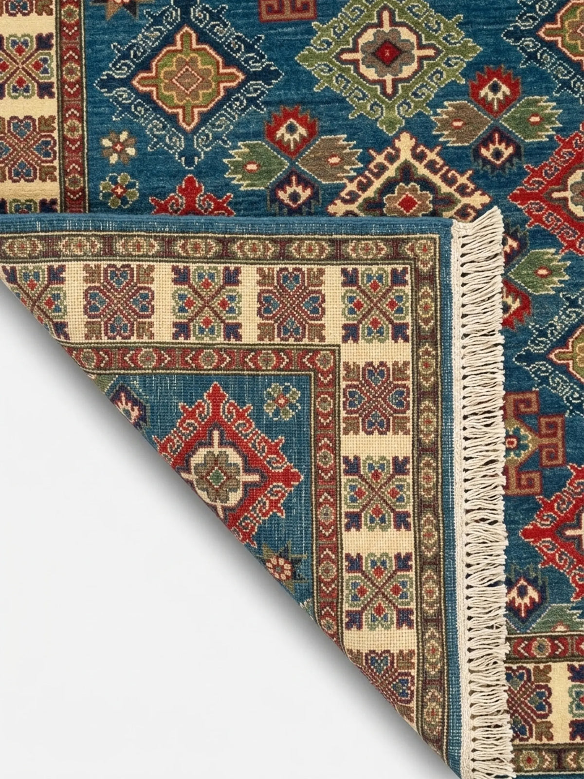 Hand-Knotted Kazak Wool Rug, Blue Field, Geometric Diamonds