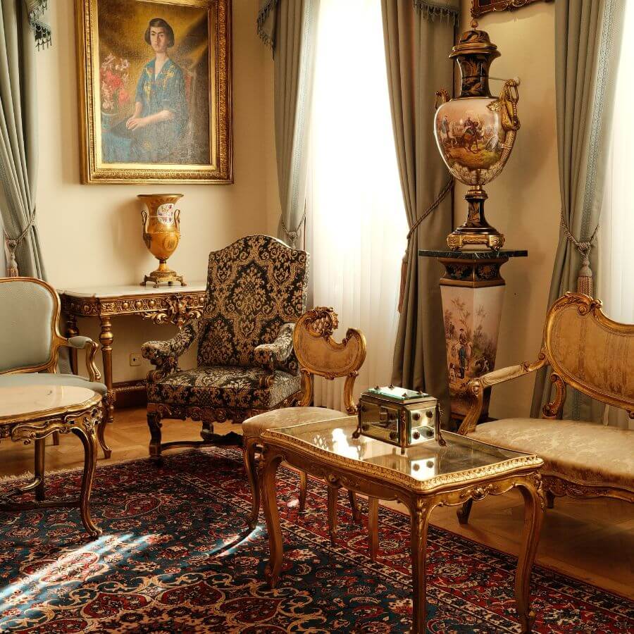 Persian rug in a classical interior with antique furniture