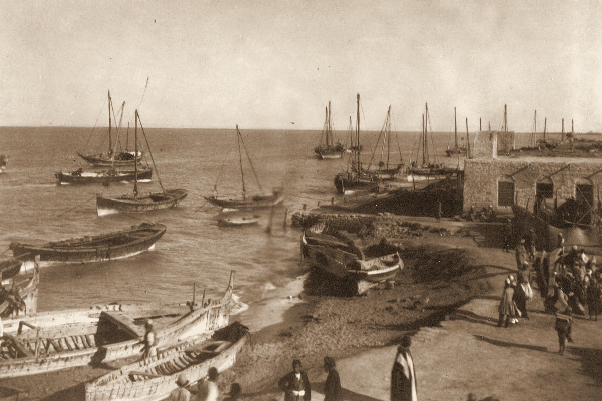 Sailing boats in the harbour of Bushehr on the Persian Gulf, Persia, in an early photograph